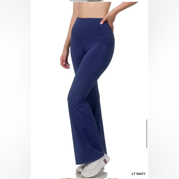 NAVY BLUE- ZENANA-ATHLETIC WIDE WAISTBAND FLARE YOGA PANTS - Picture 2 of 7
